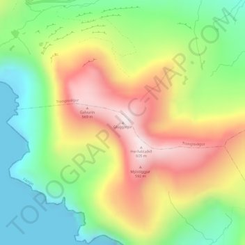 Topografisk kort Gluggarnir, højde, terræn