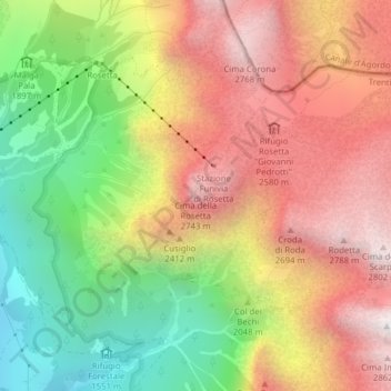 Topografisk kort Cima della Rosetta, højde, terræn