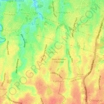 Topografisk kort Cilodong, højde, terræn
