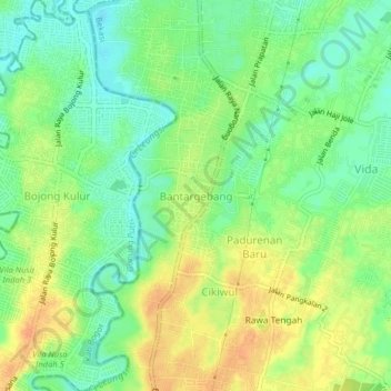 Topografisk kort Bantargebang, højde, terræn