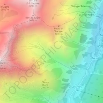 Topografisk kort Cussunaz, højde, terræn