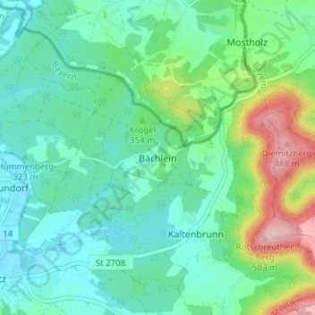 Topografisk kort Bächlein, højde, terræn