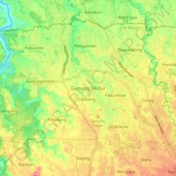 Topografisk kort Gunung Sindur, højde, terræn
