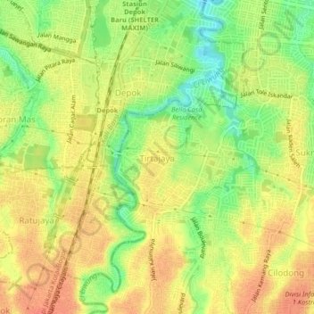Topografisk kort Tirtajaya, højde, terræn