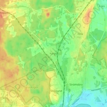 Topografisk kort Forsby, højde, terræn