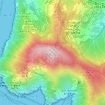 Topografisk kort Monte di Portofino, højde, terræn