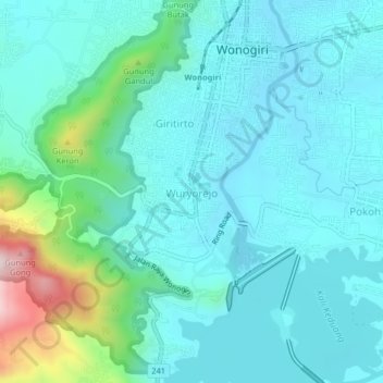 Topografisk kort Wuryorejo, højde, terræn