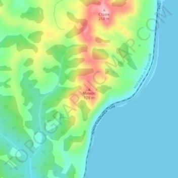 Topografisk kort Мимос, højde, terræn
