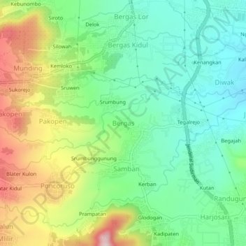 Topografisk kort Bergas, højde, terræn
