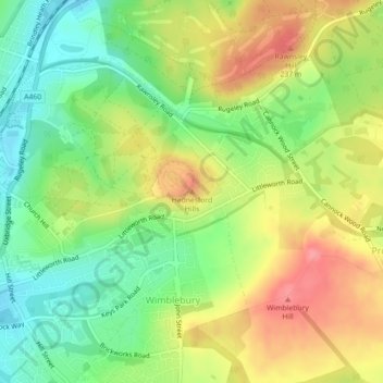 Topografisk kort Hednesford Hills, højde, terræn