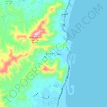 Topografisk kort Sharm, højde, terræn