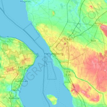 Topografisk kort Helsingborg, højde, terræn