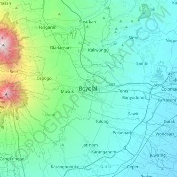 Topografisk kort Boyolali, højde, terræn