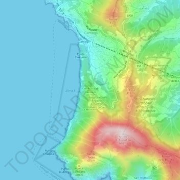 Topografisk kort San Rocco di Camogli, højde, terræn