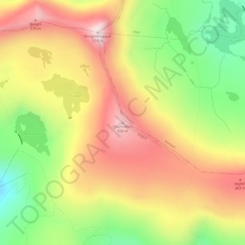 Topografisk kort Hvannafelli, højde, terræn