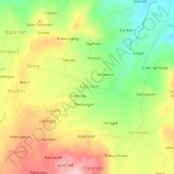 Topografisk kort Kadirejo, højde, terræn