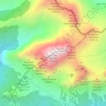 Topografisk kort Monte Peralba, højde, terræn