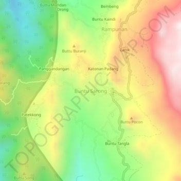 Topografisk kort Buntu Sarong, højde, terræn