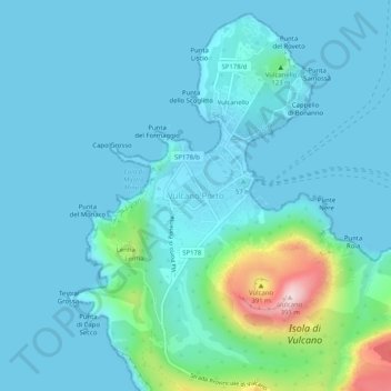 Topografisk kort Vulcano Porto, højde, terræn
