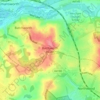 Topografisk kort Batchworth Heath, højde, terræn