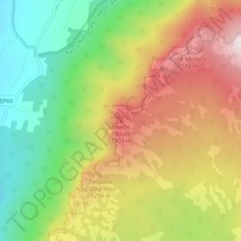 Topografisk kort Monte Pizzuto, højde, terræn
