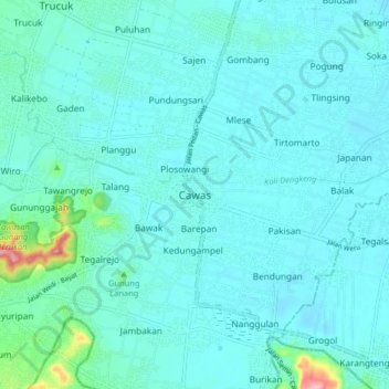 Topografisk kort Cawas, højde, terræn