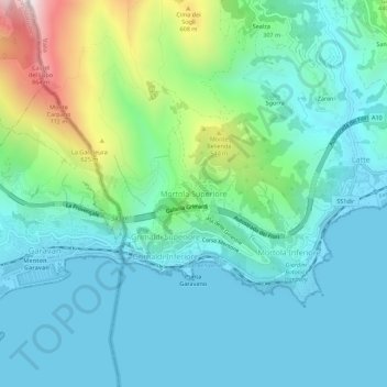 Topografisk kort Mortola Superiore, højde, terræn