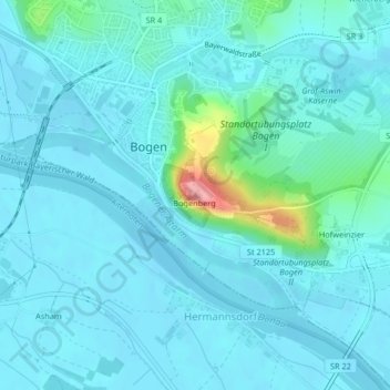 Topografisk kort Bogenberg, højde, terræn