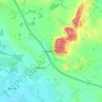 Topografisk kort Nesscliffe, højde, terræn