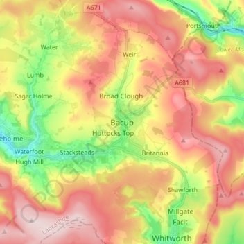Topografisk kort Bacup, højde, terræn