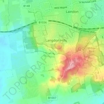 Topografisk kort Langdon Hills, højde, terræn