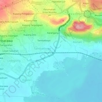 Topografisk kort Tambak Sari, højde, terræn