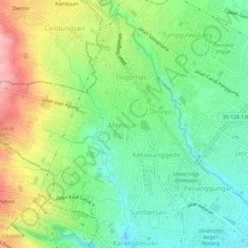 Topografisk kort Merjosari, højde, terræn