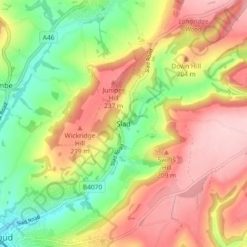 Topografisk kort Slad, højde, terræn