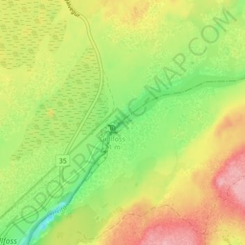 Topografisk kort Gullfoss, højde, terræn