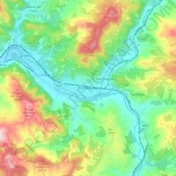 Topografisk kort Pontassieve, højde, terræn