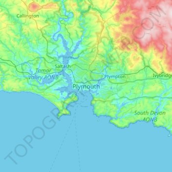 Topografisk kort Plymouth, højde, terræn