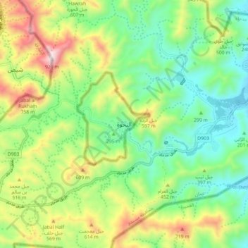 Topografisk kort Nahwa, højde, terræn