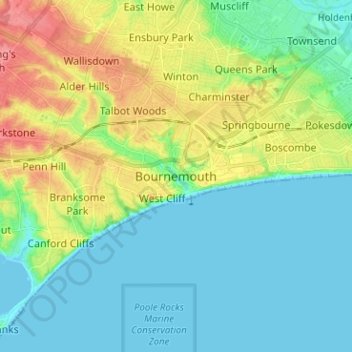 Topografisk kort Bournemouth, højde, terræn