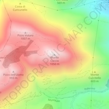 Topografisk kort Monte Cuccio, højde, terræn