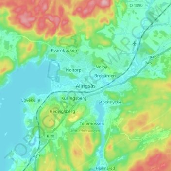 Topografisk kort Alingsås, højde, terræn