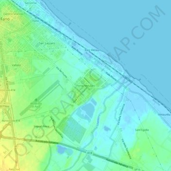 Topografisk kort Ponte Metauro, højde, terræn