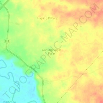 Topografisk kort Gunung Sugih Besar, højde, terræn