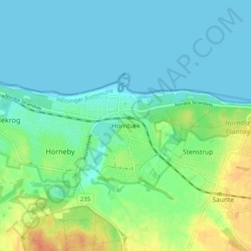 Topografisk kort Hornbæk, højde, terræn
