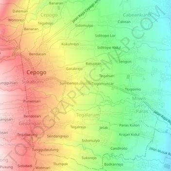 Topografisk kort Sidoharjo, højde, terræn