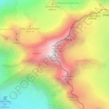 Topografisk kort Jungfrau, højde, terræn