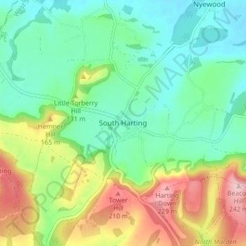 Topografisk kort South Harting, højde, terræn
