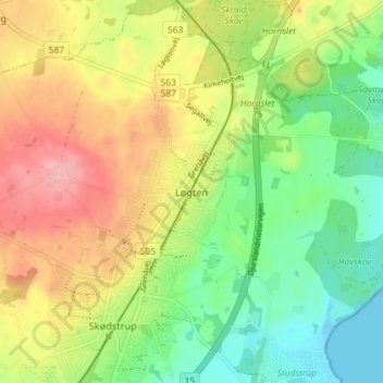 Topografisk kort Løgten, højde, terræn