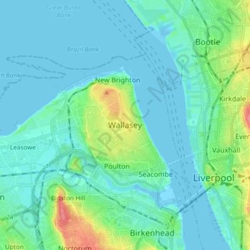 Topografisk kort Wallasey, højde, terræn