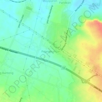 Topografisk kort Pejangkungan, højde, terræn